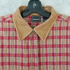 Vintage Blouse Women L Plaid 100% Cotton Faux Leather Collar Western Homestead